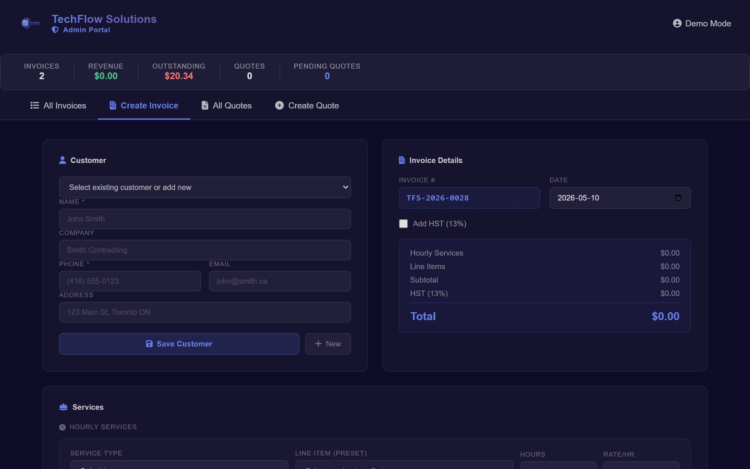 InvoicePro invoice builder — customer CRM, line items, and tax calculation.