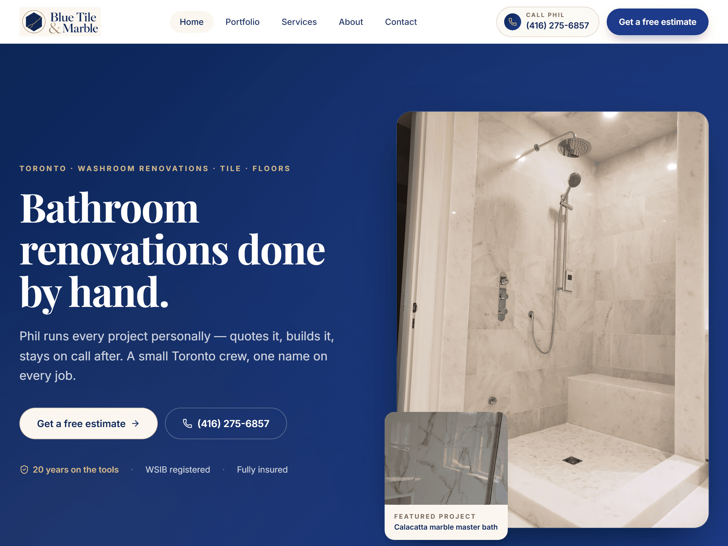 Blue Tile & Marble — Toronto bathroom renovations website built by TechFlow Solutions.