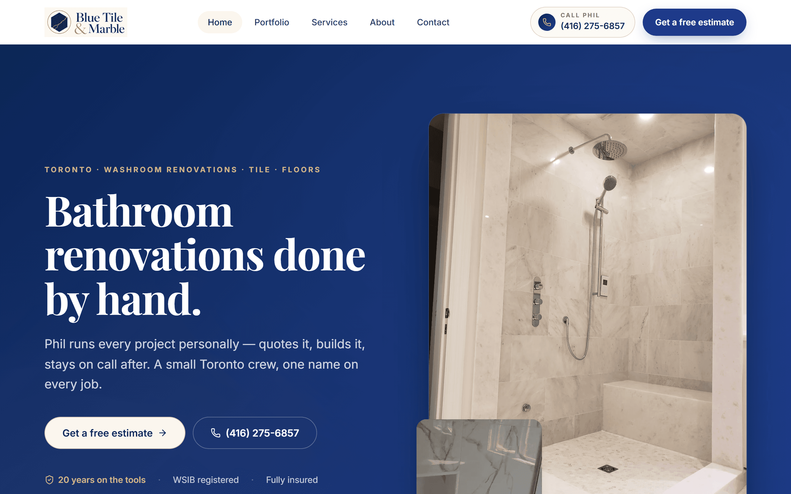 Blue Tile & Marble website built by TechFlow Solutions — Toronto bathroom renovations.