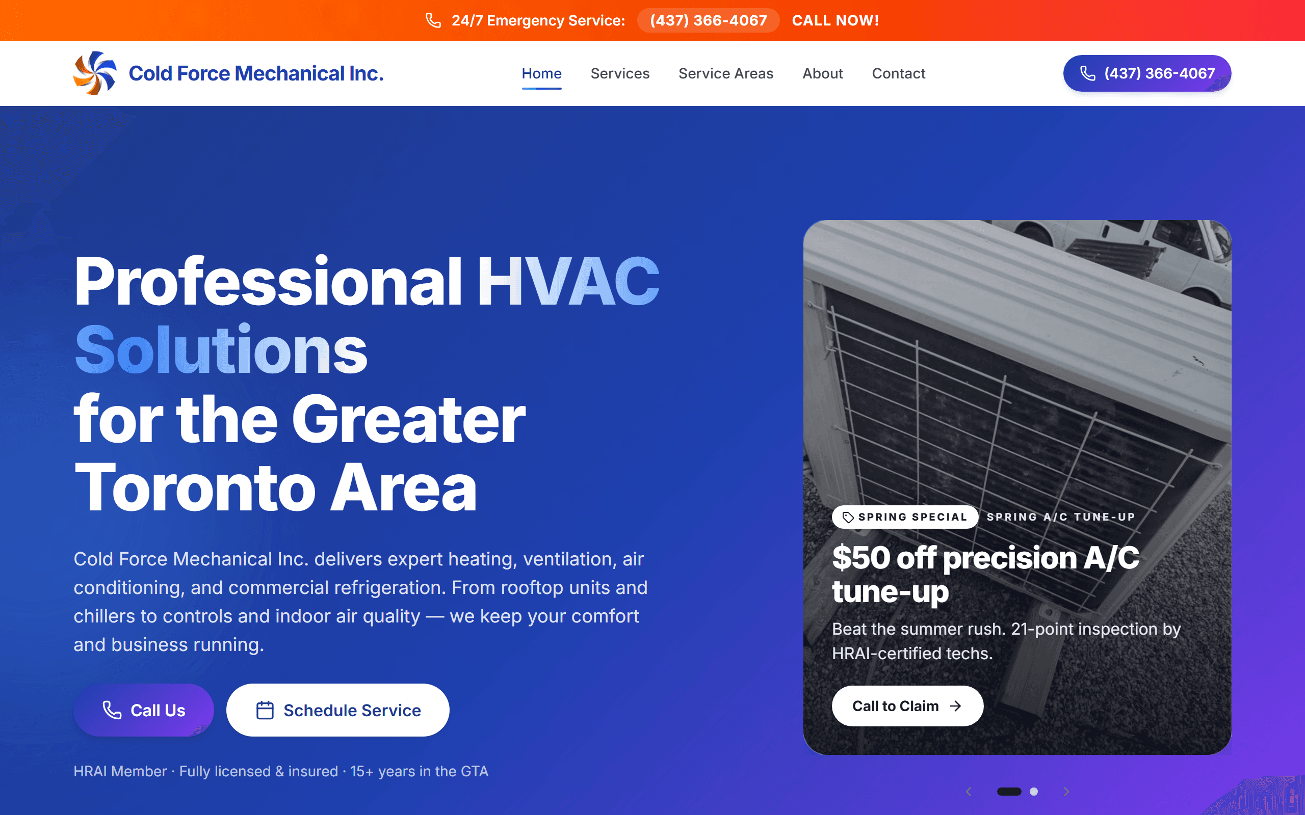 Cold Force Mechanical website built by TechFlow Solutions — Toronto HVAC.