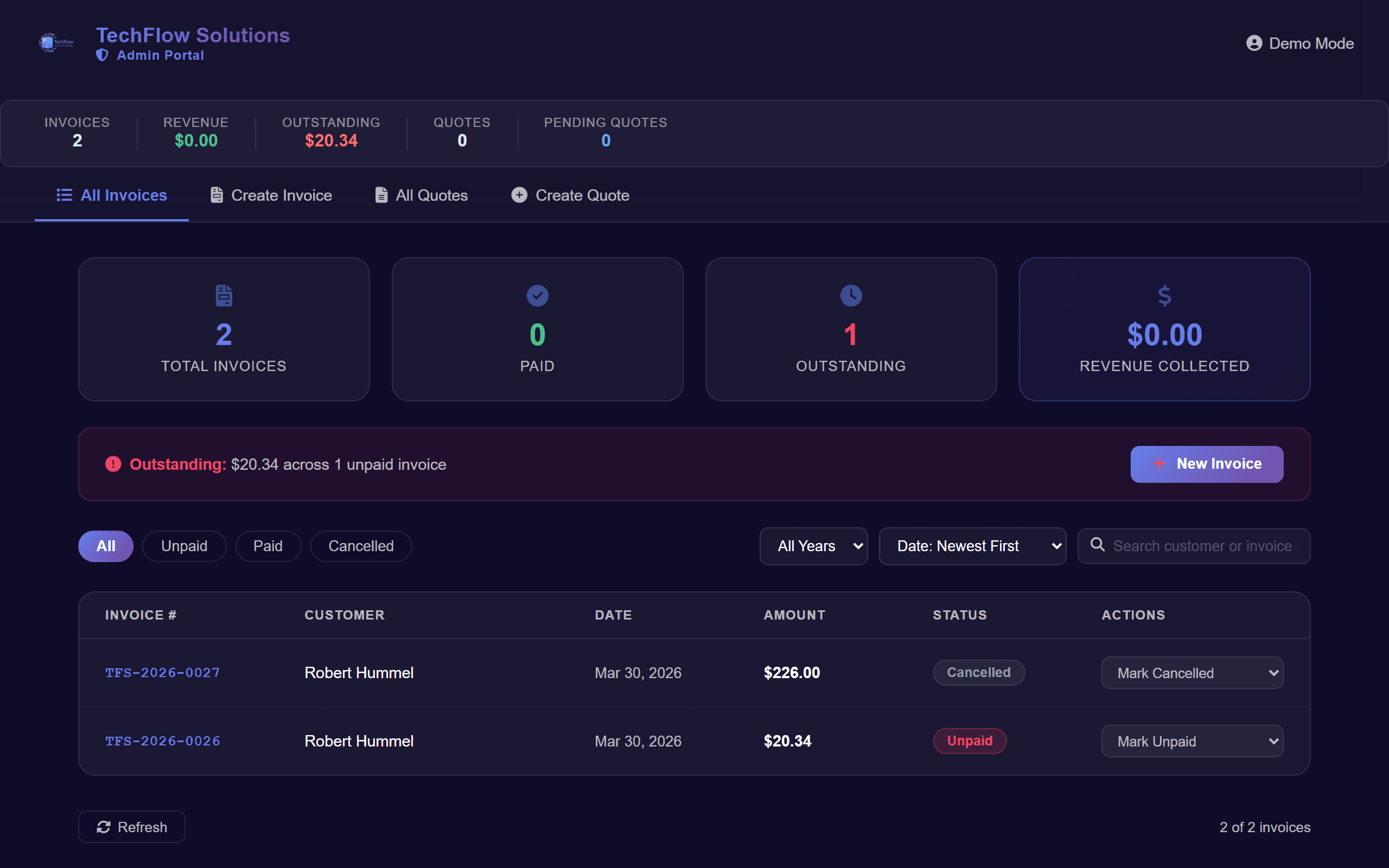 InvoicePro invoicing platform built by TechFlow Solutions.